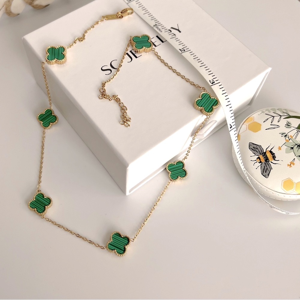 Green Clover Necklace 7 Motifs Malachite Leaf  Luxury Jewelry